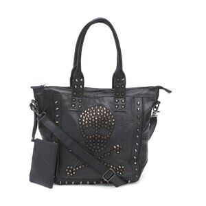AMERILEATHER Black Leather Metal Studded Crossbone Bag